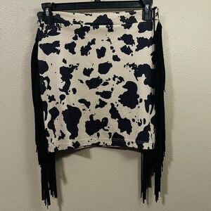 Fashion Express Cow Print  Velour Mini Skirt Stretch Fringe Cowgirl Western Sz L